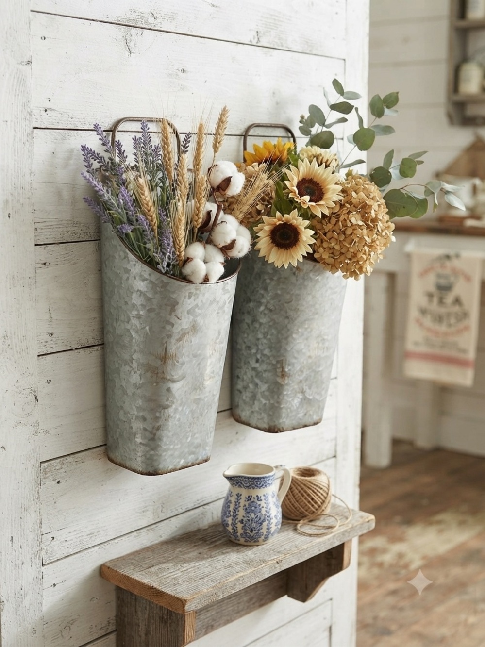 2 Galvanized Wall Pocket Planter - Rustic Silver Metal Hanging Vase with Handles